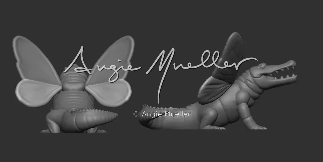 3D render of crocodile with butterfly wings sculpture