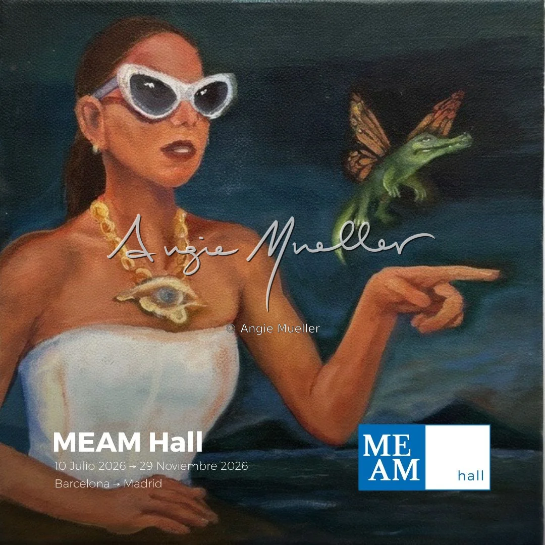 Nuevos Horizontes, Angie Rangel, 2026 — Oil on canvas, 20 × 20 cm. Exhibited at The MEAM Hall, MEAM Barcelona